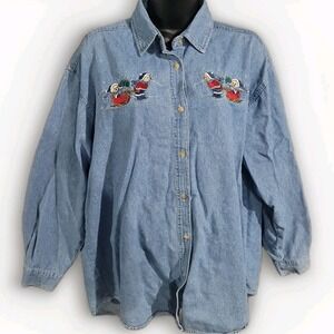 Vintage Christmas Shirt Size Large Sledding Bears Winter Scene Denim Button Up